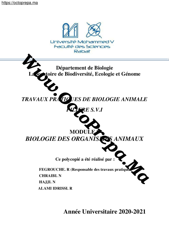 Tps (Travaux Pratiques) Biologie Animale + Corrigés SVTU | S2 | PDF - OctoPrepa (1)