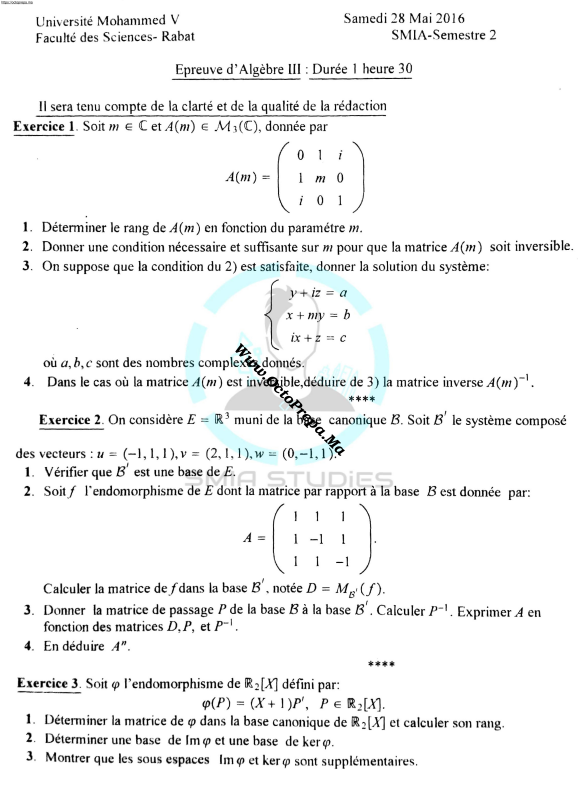 Controle Final Algébre 3 SMIA / S2 / 2016 / FSR (Corrigé - Rattrapage) - octoprepa (1)